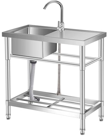Garvee Évier Utilitaire Autoportant en Acier Inoxydable 30 Pouces, Mitigeur Chaud/Froid avec Plan de Travail Intégré et Étagère de Rangement, Évier Utilitaire Cuisine Garage Restaurant