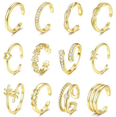 KRFY 12Pcs Bagues d'orteil 14K Plaqué Or pour Femmes, Modèles Ouvertes Réglables Trois Rangs avec Fleur, Cœur, Noeud et Zircone, Imperméables, Bijoux de Pied pour l'Été et la Plage