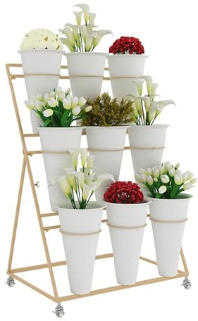 Présentoir de fleurs à 3 niveaux avec 9 pots et 4 roues verrouillables, chariot de plantes en métal pour intérieur, extérieur, terrasse, jardin