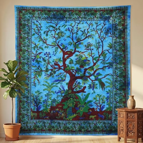 THE ART BOX Arazzo da parete con albero della vita, estetico, piccolo arazzo turchese, 135 x 150 cm, coperta da parete in cotone indiano psichedelico arazzo hippie per decorazione interna