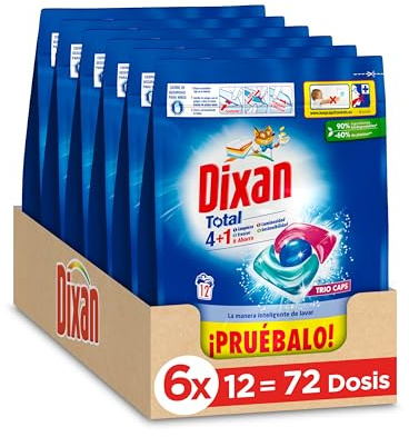 Dixan Cápsulas Total+ 4 en 1 Trio Caps (6x12), detergente en cápsulas para ropa clara y blanca, detergente con gran poder quitamanchas ropa, sensación de frescura, pack de 6, 72 lavados