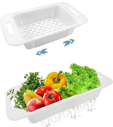 MineSign Lot de 2 passoires pliables pour fruits et légumes, panier d'égouttage réglable pour évier de cuisine (blanc)