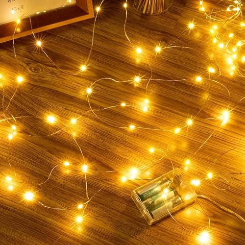 Ollny Fairy Lights Battery Operated - 10m 100 LEDs Christmas String Lights for Bedroom, Waterproof Micro Cooper Wire Fairy Lights for Indoor/Outdoor/Outside/Bottle/Tree Decorations (Warm White)