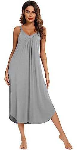 Jlowesun Cotton Nighties for Women UK,Soft Comfortable Long Nightgowns with Wavy Hemline,V-Neck Full Slip Loose Stretchy Strappy Ladies Nighties M Grey