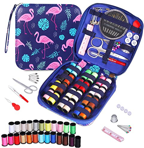 AUERVO Mini Sewing Kits, Needle and Thread Kit with Basic Sewing Supplies and Accessories, Travel Portable Sewing Kit for Emergency Repairs, Home, Hand Sewing Set for Beginners,Adults (Flamingo)