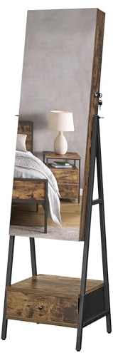 SONGMICS Specchio Portagioie con Luce LED, Specchiera Portagioie da Terra, Armadietto Portagioielli con Specchio a Figura Intera, Cassetto e Ripiano, Idea Regalo, Marrone Vintage JJC025X01