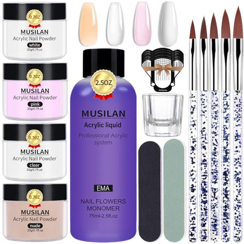 MUSILAN Acryl Nagelset Professionelle 75ml Acrylflüssigkeit für Nägel, Monomer mit 20g*4 Farben Acrylpulver Acryl Pinsel Nagelformen Crystal Cup Nail File, für Anfänger Nagelexperten DIY Nail Design