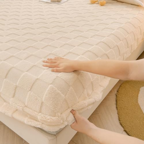 Hiseng Flanell Spannbettlaken, Weiches Spannbetttuch Leintuch, bis 30cm Matratzenhöhe, Elastisches Matratzenschoner für Boxspringbett & Wasserbett (180x200cm (Spannbettlaken),Kariertes Beige)