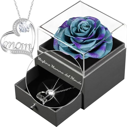 Yamonic Festa della Mamma Idee Regalo,Rosa Eterna con Collana Argento 925,Migliore Mamma del Mondo,Rosa Stabilizzata Vera Confezione Regalo Donna Compleanno Natale San Valentino