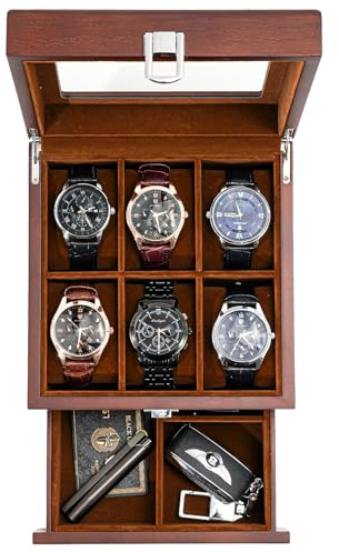 ProCase Boite Montre Luxueuse à 2 Niveaux, 1ème Compartiment pour Range 6 Montres, 2ème Compartiment pour de Petits Objets, avec Couvercle en Verre -Marron