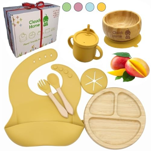 Naturlig bambu- och silikonmatlåda BPA-fri för spädbarn - antibakteriell bambuskål och tallrik med sugkopp, haklapp, gaffel, sked och silikonmugg. Mango