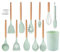 Kitchen Utensil Set 12 PCS Silicone Cooking Utensils Set with Wooden Handle, Heat Resistant, Nonstick Cookware Tongs Spatula Spoon Set Dishwasher Safe Best Kitchen Tools with Holder (Green)