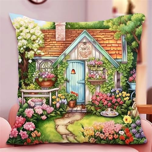 Lfynior Kreuzstich Kissen Set Vorgedruckt Garten Stickkissen mit Muster 45X45cm Stickpackung Stickset Kreuzstich Kissen zum Basteln Stickkissen Stickpackung mit Vorgedruckt Kreuzstichmotiv