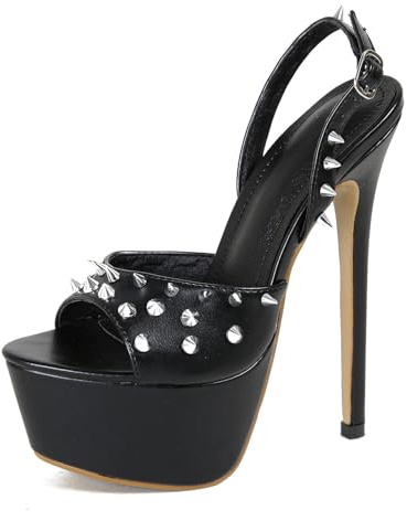 16CM/6.29IN wasserdichte Offene Zehe Fisch Mund Sexy High Heels Frauen One-Line Schnalle Strap Rivet Stiletto Sandalen,Schwarz,38 EU