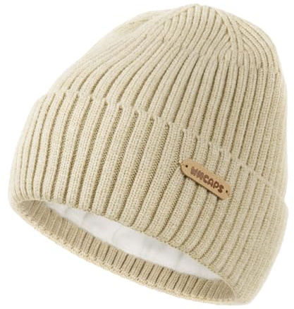 Wmcaps Fleece Lined Kids Beanie Winter Hat Ages 6-12, Soft and Warm Cuffed Hat Wooly Hat Birthday Party Xmas Gifts for 6-12 Year Olds Boys Girls, Beige Large