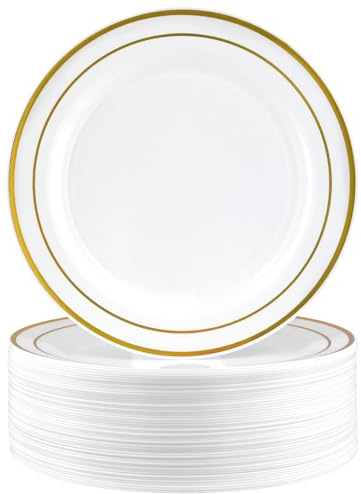 MUKSUET 50 Pieces Plastic Plates, 26cm/10 Inch Reusable White and Gold Rimme Plates, Plastic Party Plate with Gold Rim, Dinner Dessert Plate for Parties, Weddings, Birthdays, Picnic, BBQ