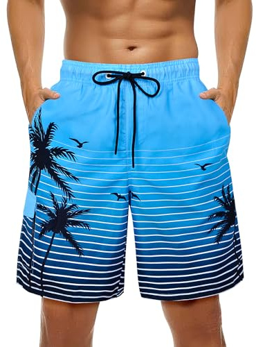 OlyPegic Mens Swim Trunks Bathing Suit Mens Swimsuit Swimwear Beach Shorts Quick Dry Coconut Tree Swim Trunks 9 Inch Mesh Lining with Zipper Pock