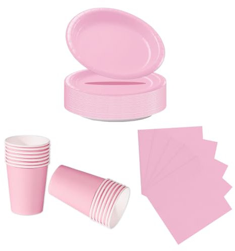 LAWALEISHE 72pcs Pink Party Tableware Set, Disposable Pink Paper Plates, Cups and Napkins, Solid Color Paper Tableware for Weddings, BBQ and Birthday Parties, Table Decorations