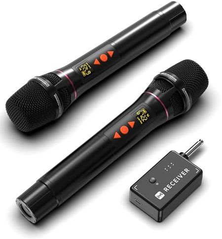 Microphone Wireless, Professional Metal UHF Dual Wireless Microphones with 3ms Transmission Rate, 240 ft Effective Range, Volume Control, Adjust frequency, Karaoke Microphones for Singing, Performance