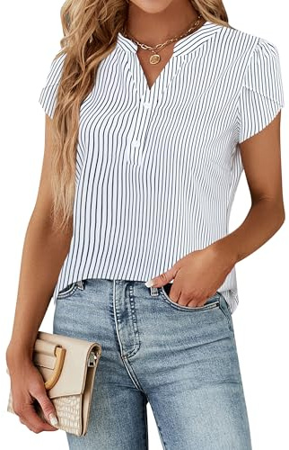 Blooming Jelly Women's Dressy Casual Tops Business Work Blouses Striped Clothes Button Down Shirts 2026 Summer Elegant Cap Sleeve Tshirt (Black Striped,Medium)