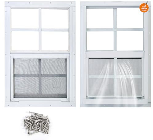 Kevirice Shed Window 2 Pack 16X16 White Flush Mount Small Sliding Household Windows with Tempered Glass and Fiberglass Screen for Shed,Chicken Coop, Playhouse,Barns,Garage