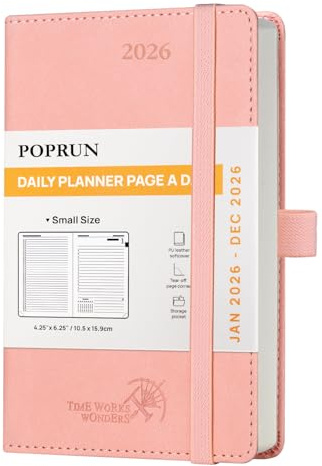POPRUN A6 Day to Page Diary 2026 Soft Cover Pocket Daily 26 Planner A Day per Page, 1 Hour Interval Appointment Diary, Inner Pocket (Pink)