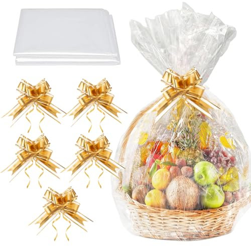 QEDBOJE Lot de 5 sachets en cellophane transparent avec nœud, pour paniers, fleurs, travaux manuels, cellophane emballage et emballages cadeaux (50 x 70 cm) (Transparent)