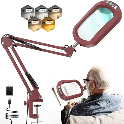 10 x förstoringsglas med ljus och klämma, äkta glas stativbelysning förstoringsglas, 5 färglägen och steglös dimbarhet LED skrivbord handsfree för hantverk hobbyer läsning målning sömnad och