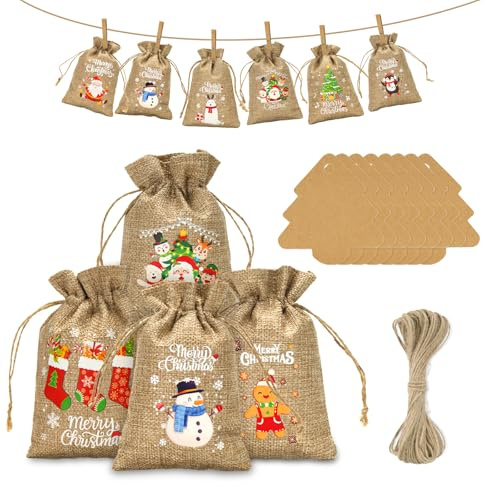jijAcraft Calendario dell'Avvento da riempire, sacchetti di iuta: 13 x 18 cm, grandi sacchetti di iuta per bambini, 24 sacchetti regalo di Natale con ciondoli di abete e filo di iuta per decorazione