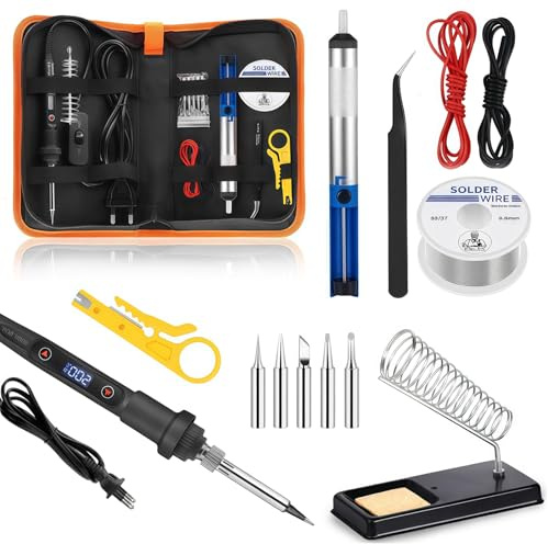 Set saldatura 80W LCD, temperatura regolabile 180-500°C, 5 punte, 50g stagno, pompa dissaldante, supporto saldatore, pinzetta, kit completo strumenti per elettronica e riparazioni