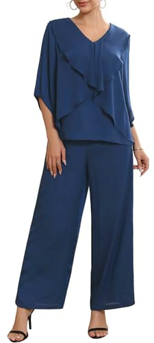 WOMLAYOUT Women Mother of Bride Chiffon Ruffles V Neck Wide Leg Top