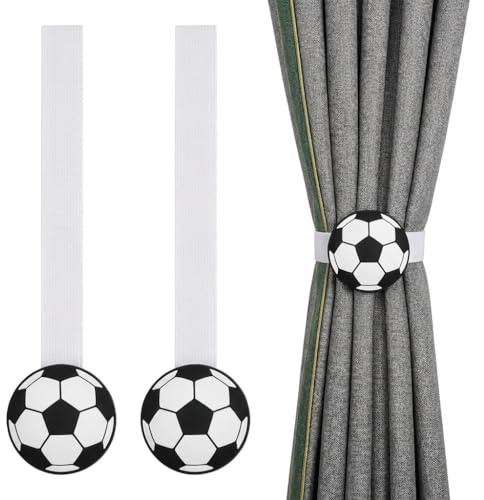 Football Magnetic Curtain Tiebacks Set of 2, Sports Theme Decorative Curtain Holdbacks, No Drilling Self-Adhesive Fixed Curtain Accessories for Boys Bedroom Kids Room Football Fan Home Decoration