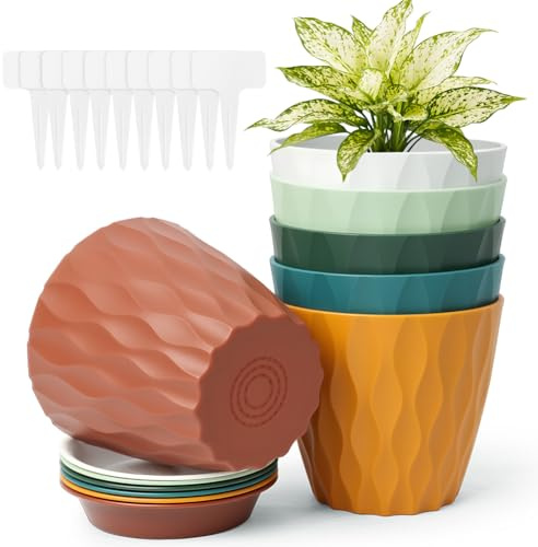 vsshe Macetero con Plato, 6pcs Maceta Redonda Clásica de Plástico con Agujeros de Drenaje, 9cm Altura x 10cm Diámetro Superior x 6.5cm Diámetro Base, Apto balcón, Patio, Interior/Exterior（6 Colores）