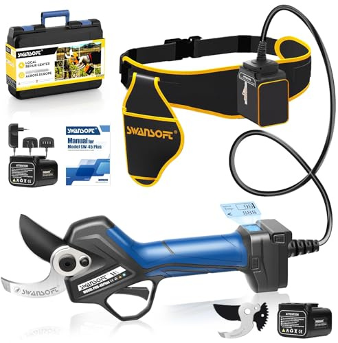 SWANSOFT PRU45-PLUS Tijeras de Podar Electricas Profesionales 45mm,1150W Motor sin Escobillas,25V 4Ah x2 Baterías,Pantalla LCD Tijeras de Podar Bateria para Olivos y Viña