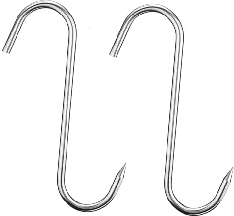 2pc 9 Heavy Duty & Thick ALAZCO Stainless Steel Meat Processing Butcher Hook - Wild Game, Smoking Ribs BBQ Large Fish, Hunting, Carcass Deer Hanging S-Hook Excellent Quality 9mm Thick