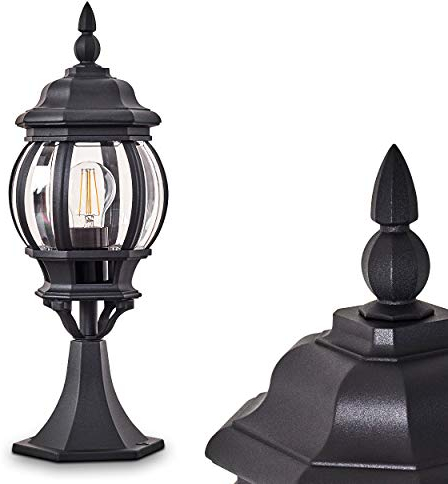 Außenleuchte Lentua, Sockelleuchte in antikem Look, Aluguss in Schwarz mit Kunststoff-Scheiben, Wegeleuchte 50 cm, Retro/Vintage Gartenlampe, E27-Fassung, max. 60 Watt IP44