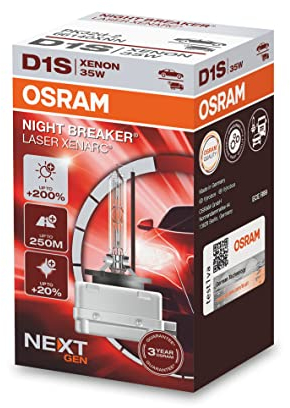 OSRAM XENARC NIGHT BREAKER LASER D1S, Next Generation, 200% more brightness, HID xenon bulb, 66140XNN, folding box (1 lamp), white
