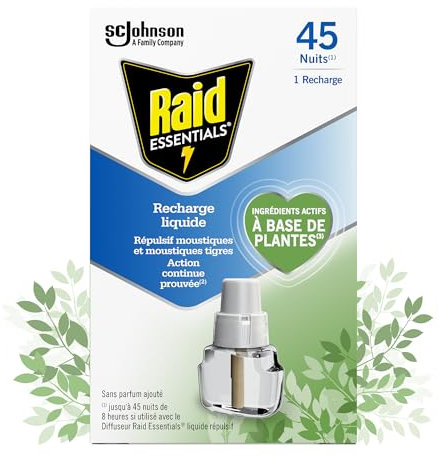 Raid Essentials Recharge Diffuseur Électrique Liquide - Répulsif Moustiques et Moustiques Tigres 45 Nuits - Sans Parfum Ajouté - 1 Recharge