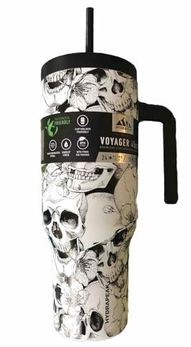 Hydrapeak Voyager Artisan Collection 40 oz Tumbler (Skull) Straw Lid and Straw, White Skulls, HP-Voyager-40-HLW-02-WHITE