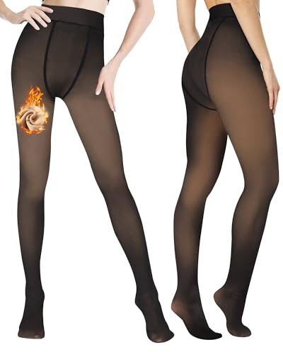 EOAMGO Medias con forro polar para mujer, medias translúcidas falsas de 220 g, medias térmicas cálidas y gruesas para invierno (FR/ES, Letras, M, Regular, Regular, Negro)