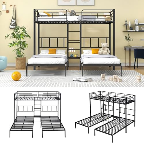 PUGSDRLY Lit Superposé 3 Places,Lit 3 Places avec échelle pour Enfants et Adolescents,Lit Enfant en Fer avec Barrière Antichute,90x200cm*3 (Noir)