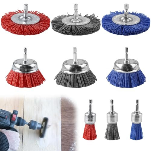 9 Pieces Nylon Wire Cup Brush, 3 Sizes Nylon Drill Brush Set, Nylon Brush Grinding Attachment for Cleaning and Removing Corrosion, Paint and Rust, Nylon Brush with 1/4 Inch Hex Shank