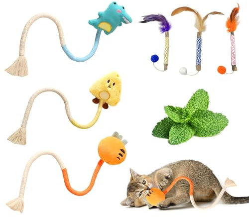 SahCognitual Catnip Toys for Indoor Cats, 6Pack Sisal Rope Toys for Cat Playing Chewing Teeth-Cleaning, Interactive Cat Chew Toy in Assorted Colors for Cats and Kitten
