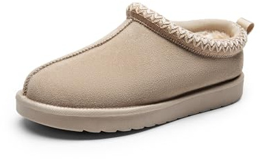 DREAM PAIRS Pantofole Comode da Donna in Vera Pelle per Interni ed Esterni, Carine e Calde Scarpe Invernali Slip-on, Morbide e in Memory Foam FuzzyEasy,Size 40,Sabbia,SDSL2412W