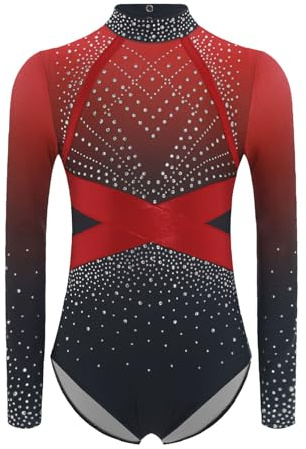 ranrann Enfant Fille Justaucorps Gymnastique Strass Manche Longue Danse Gym Tenue Patinage Artistique Costume Spectacle 5-16 Ans Rouge 15-16 ans