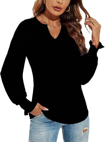 DUOEASE Magliette Donna Manica Lunga Maniche a Sbuffo Top Scollo a V Soft Maglia Donna Invernale Nero L