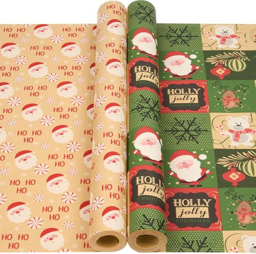 【Kraftfull presentpappersrulle】Återvinningsbart julpapper med jultomten för att packa presenter och dekorera högtider – 2 rullar 43 cm x 12 m