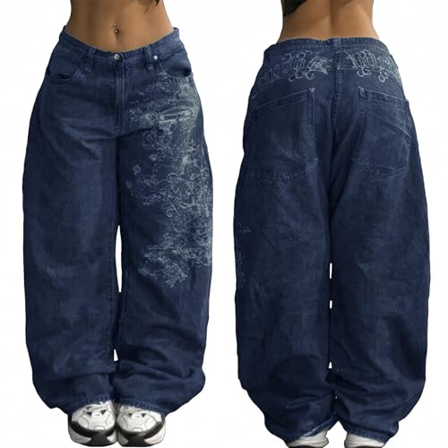EMMIOL Women's Low Waist Baggy Jeans, Y2K Hip Hop Boyfriend Loose Denim Pants Dark-Blue S