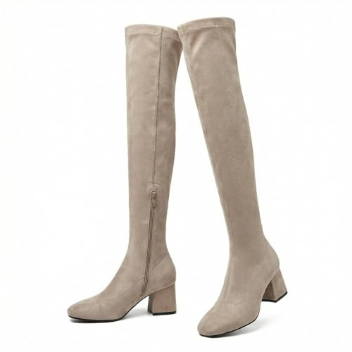 WXDTW Stivali alti al ginocchio da donna, stivali alti in camoscio elasticizzato con tacco grosso, stivali sopra il ginocchio sexy slim fit con tacco sopra il ginocchio, Beige, 43 EU