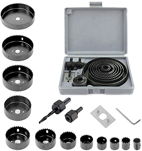 Hole Saw Set, 19mm-127mm 13-Piece Hole Cutter with 2 Mandrels for Soft Wood | for PVC and Plastic Plate, Includes Installation Plate, Hex Key, Carbon Steel Construction